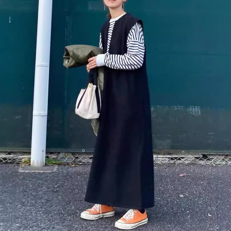 ママコーデ シンプル着回しロングジャンパースカート