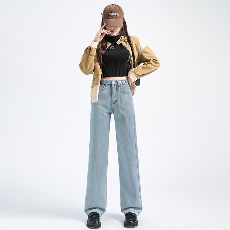 ママコーデ ゆったりストレート ママデニムパンツ