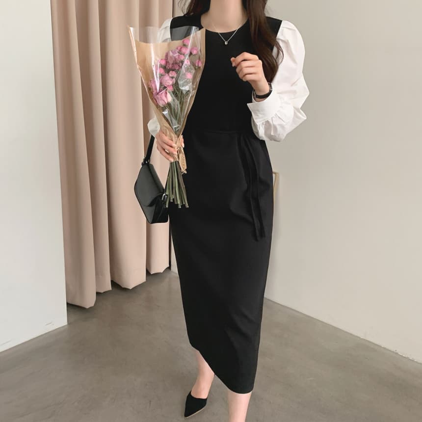 ママコーデ 異素材パフスリーブ 美シルエットワンピース