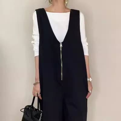 ママコーデ ゆったりジップアップサロペットパンツ