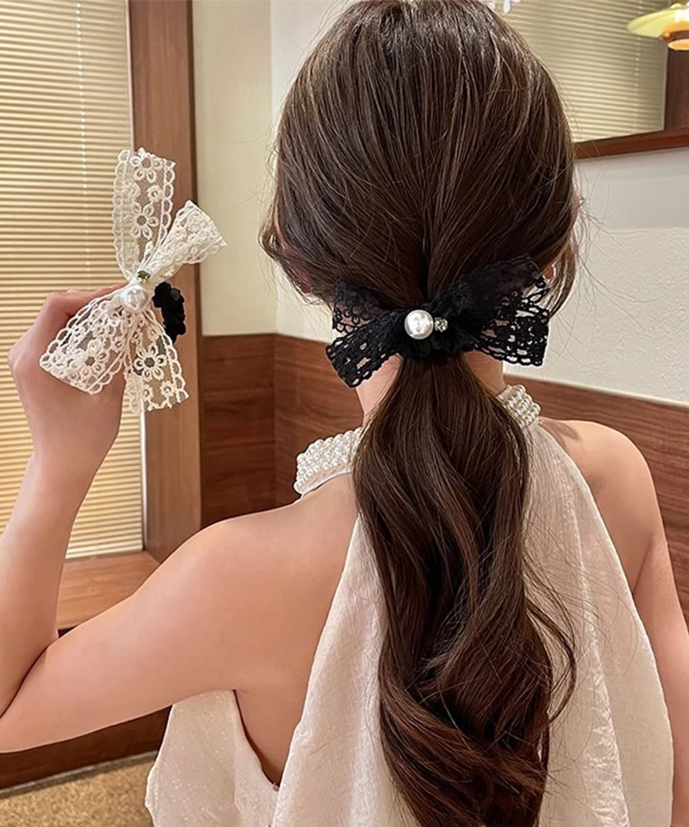 ママコーデ 発表会対応 上品真珠付きレース蝶結びヘアゴム