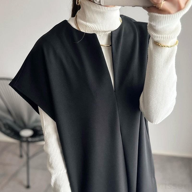 ママコーデ 重ね着風スリット入りベスト風ワンピース