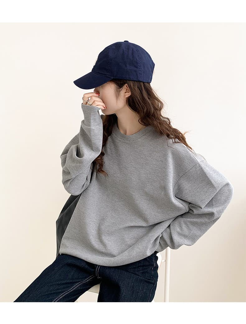 ママコーデ シンプルゆったりワッフルプルオーバー