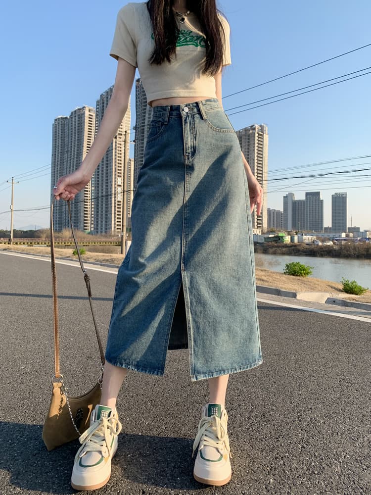 ママコーデ ロングデニムスリットスカート