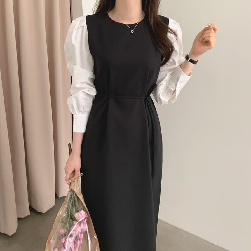 ママコーデ 異素材パフスリーブ 美シルエットワンピース
