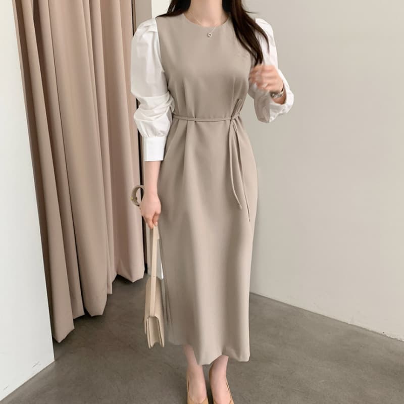 ママコーデ 異素材パフスリーブ 美シルエットワンピース