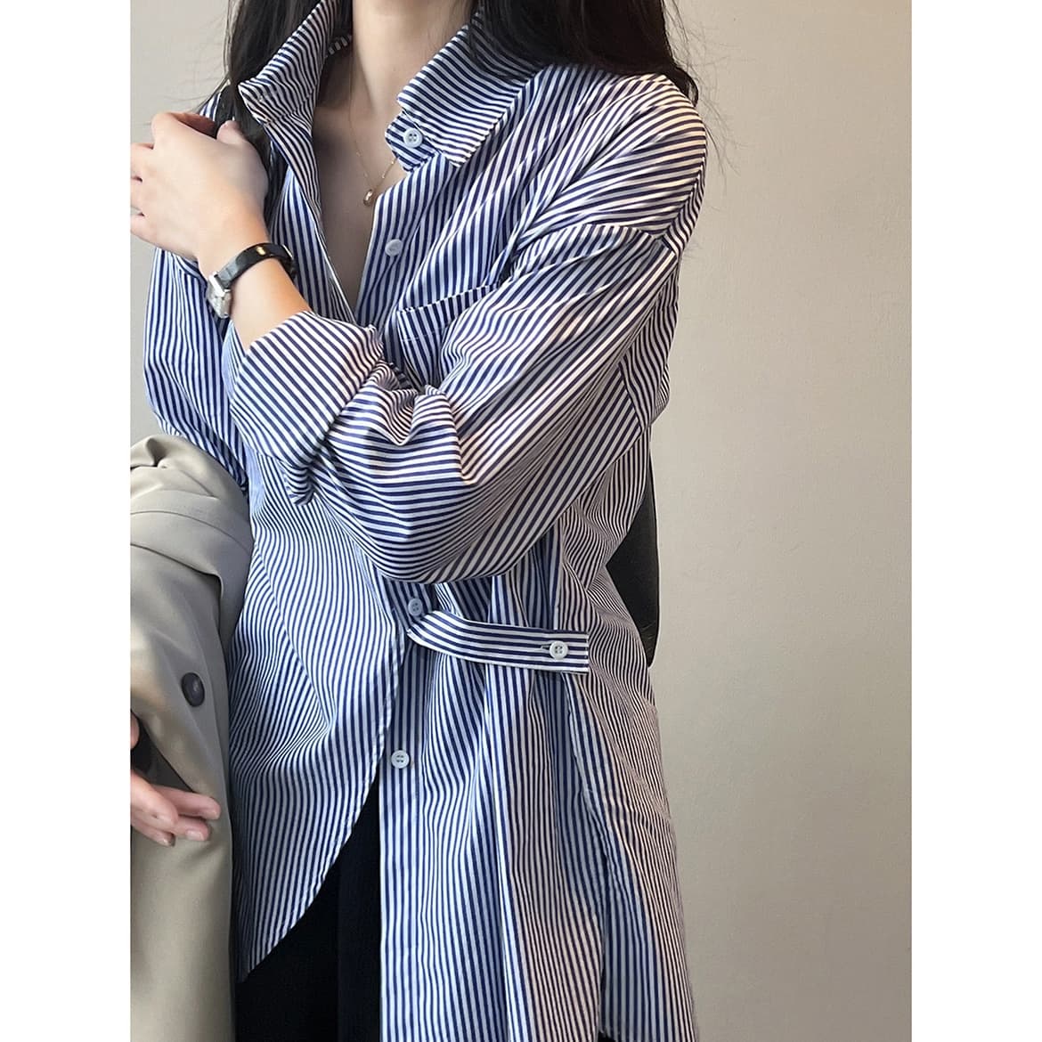 ママコーデ ゆったりストライプ柄シャツワンピース