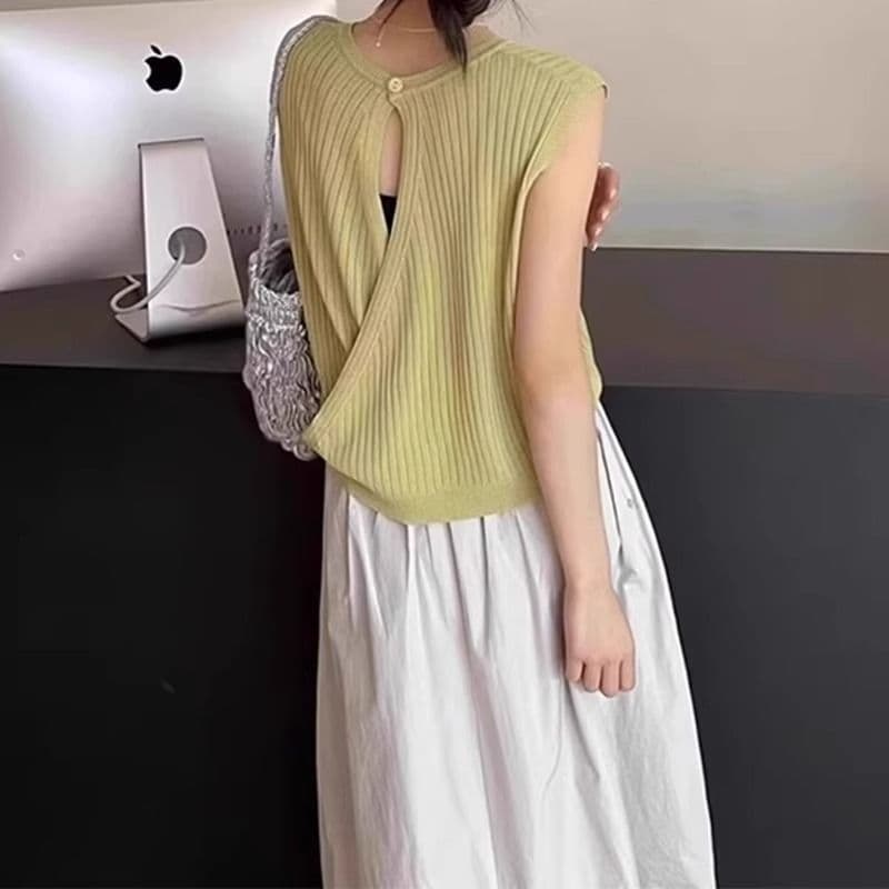 ママコーデ 涼やか麻混ノースリーブとワイドパンツセット