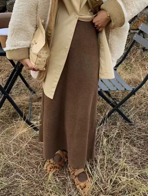 ママコーデ ニットロングスカート ミモレ丈 カジュアル Aライン 美脚効果