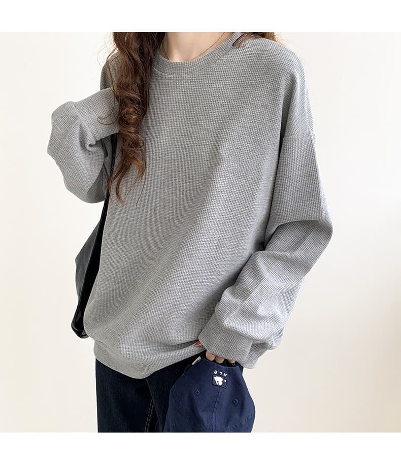 ママコーデ シンプルゆったりワッフルプルオーバー