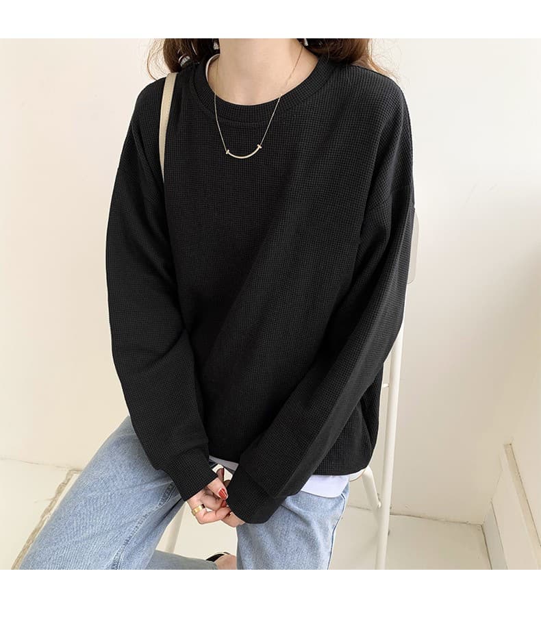 ママコーデ シンプルゆったりワッフルプルオーバー