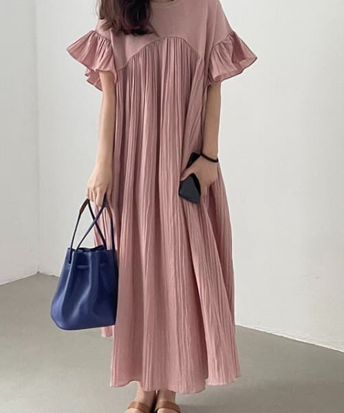 ママコーデ ママコーデ プリーツ袖フリル切替えワンピース