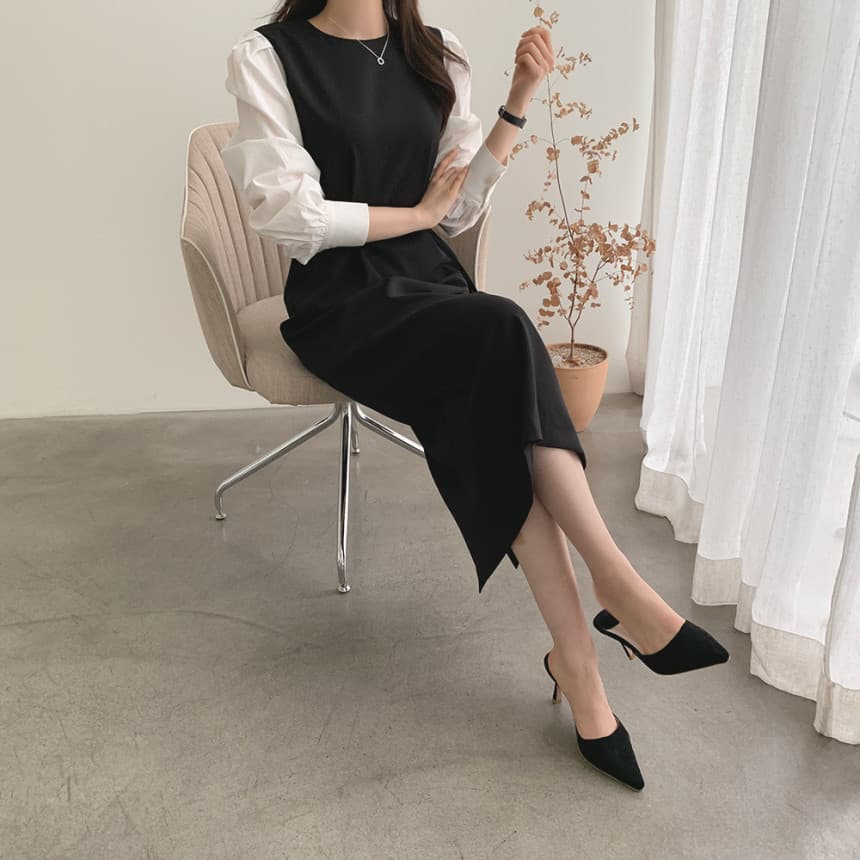 ママコーデ 異素材パフスリーブ 美シルエットワンピース