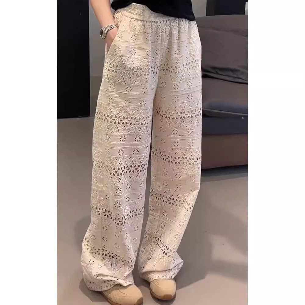 ママコーデ 花レース透かし模様ワイドパンツ