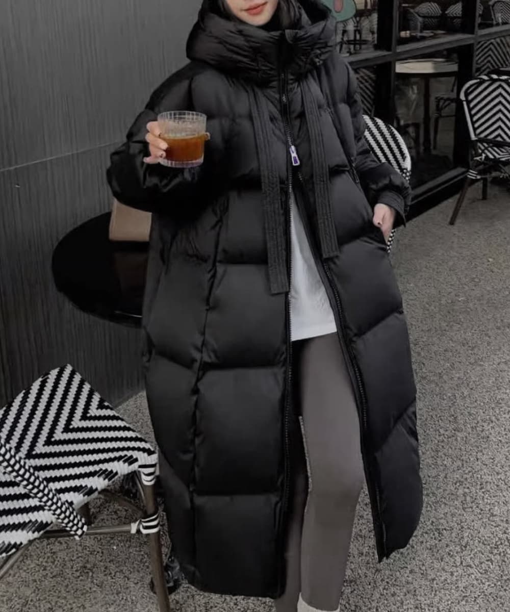 ママコーデ 遠足対応フード付き中綿ロングコート