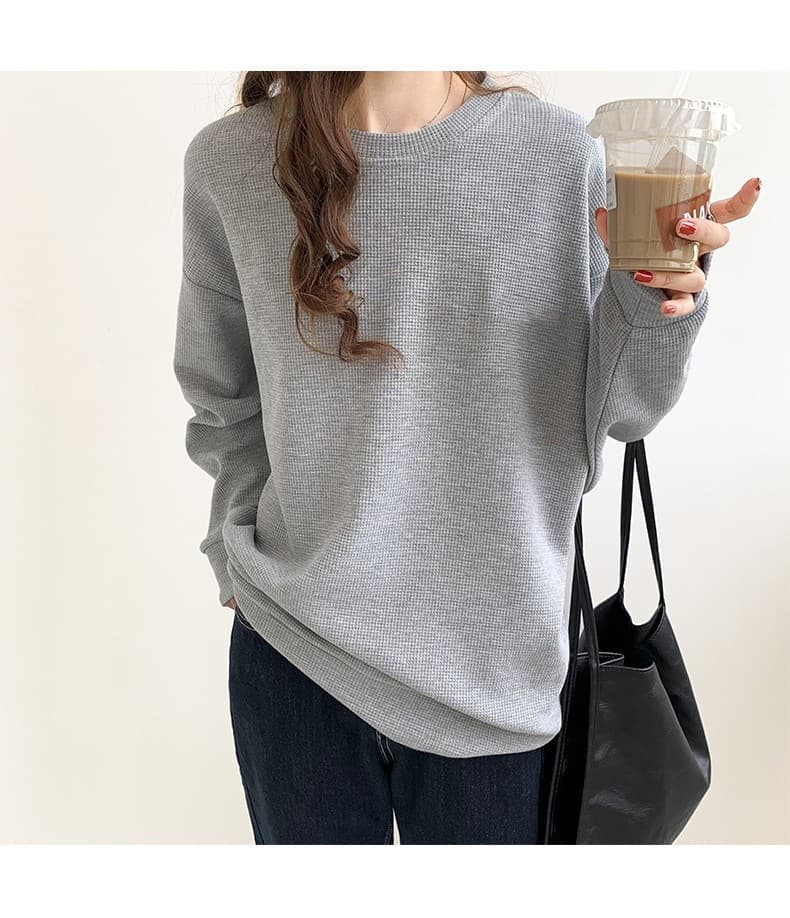 ママコーデ シンプルゆったりワッフルプルオーバー