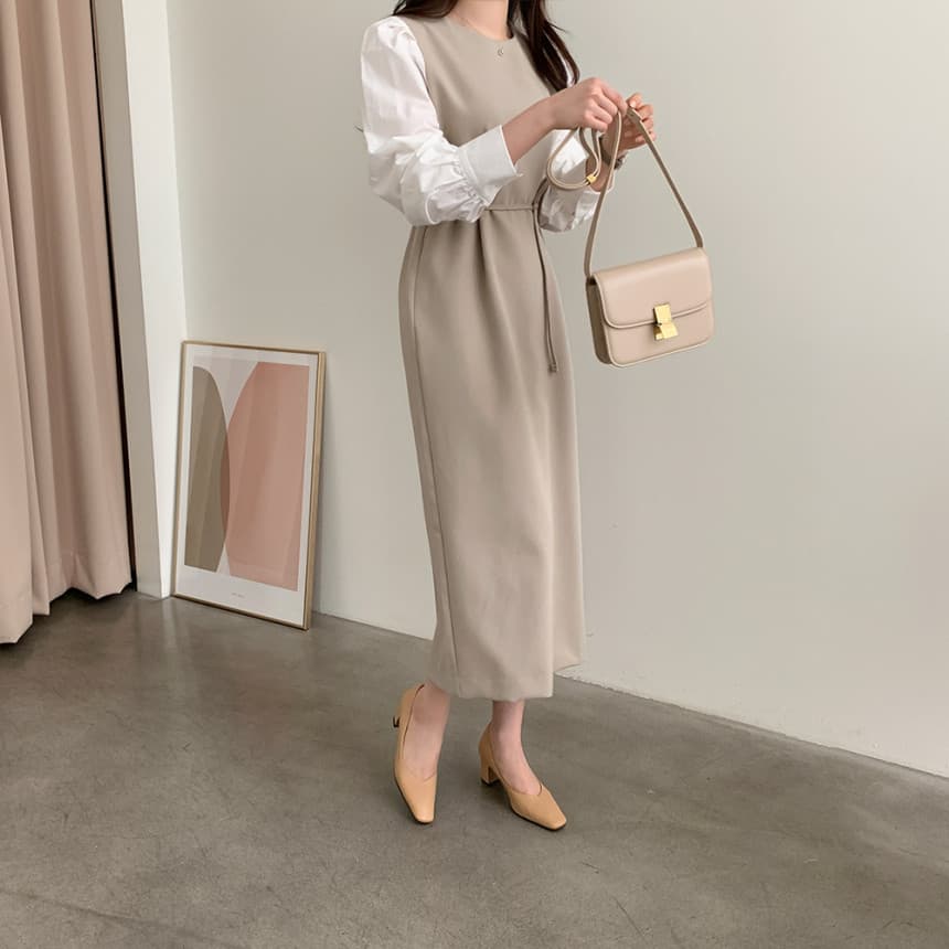 ママコーデ 異素材パフスリーブ 美シルエットワンピース