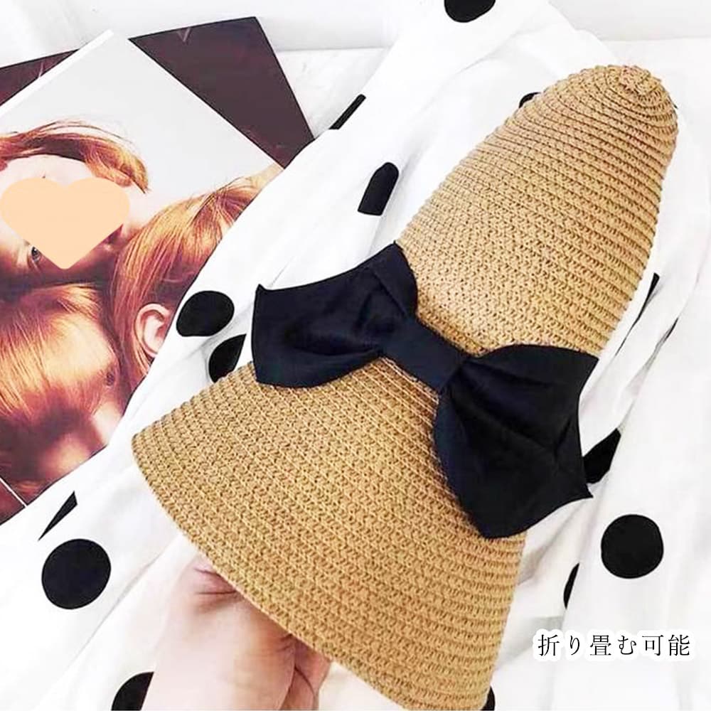 ママコーデ プール用つば広麦わら帽子リボン付き夏帽