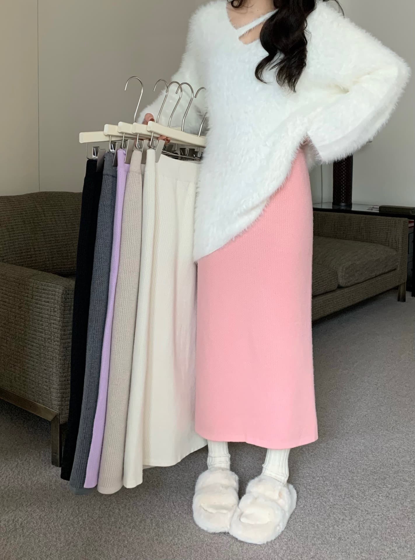 ママコーデ 上品ニットロングスカート