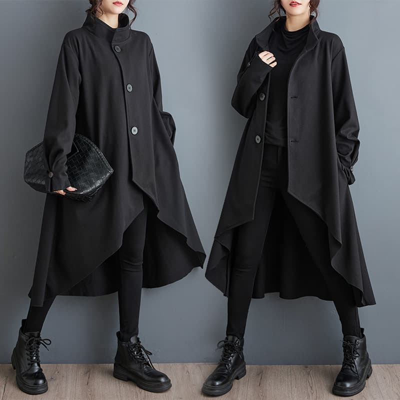 ママコーデ アシンメトリー裾フレアロングコート