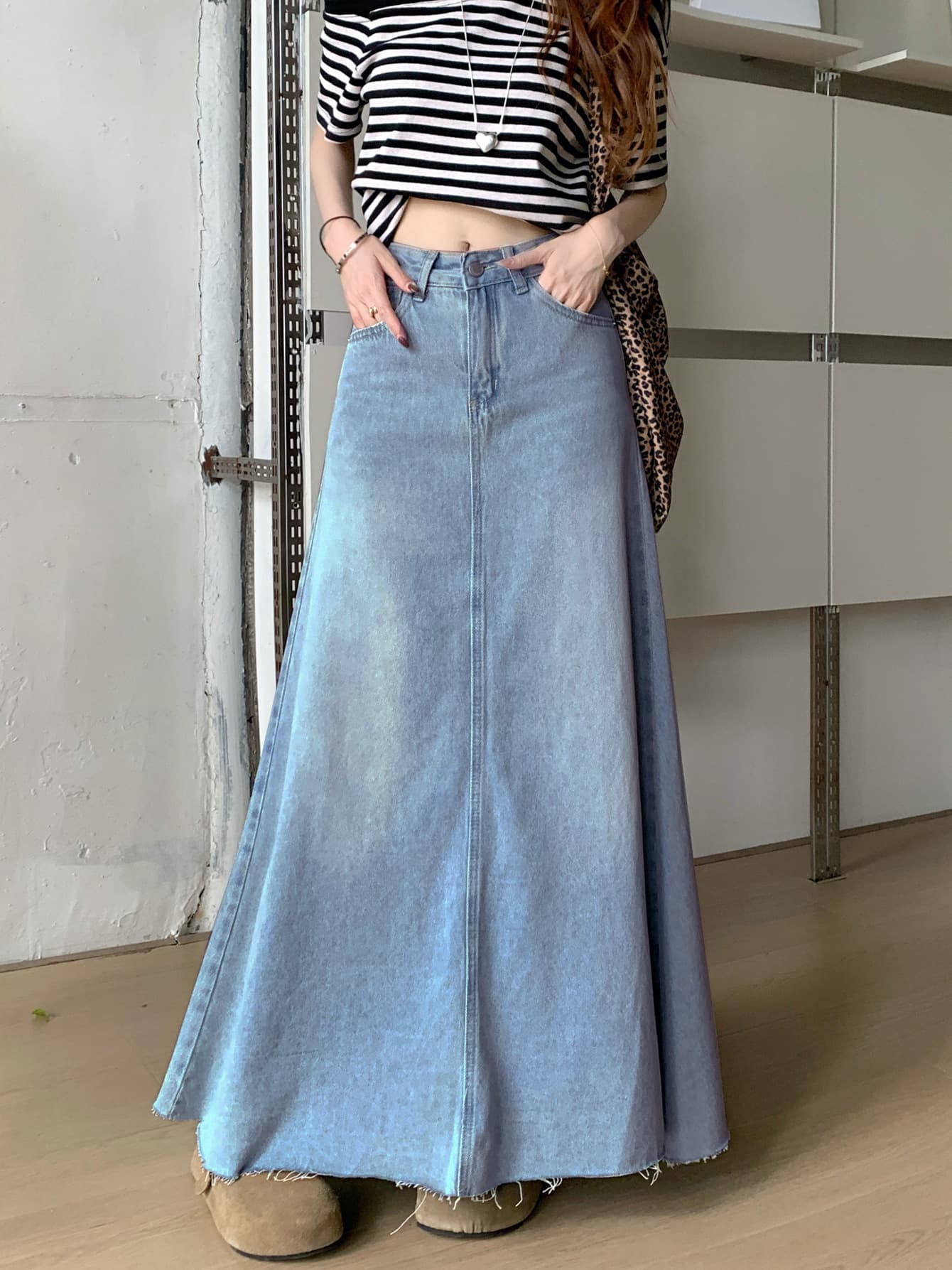 ママコーデ ゆったりデニムロングスカート